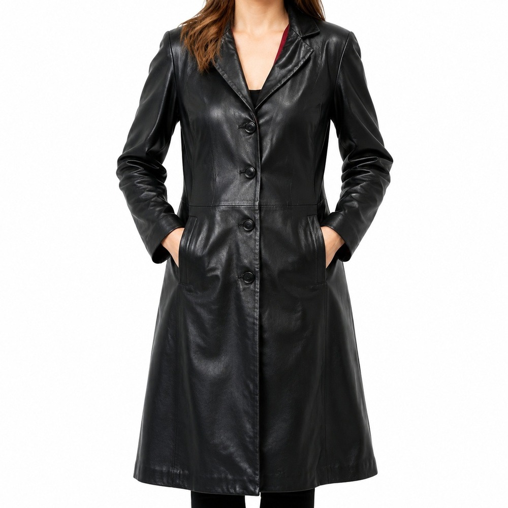 Colebrook Coat Women S Black Leather Long Trench Red Lining Classic Matrix 5584
